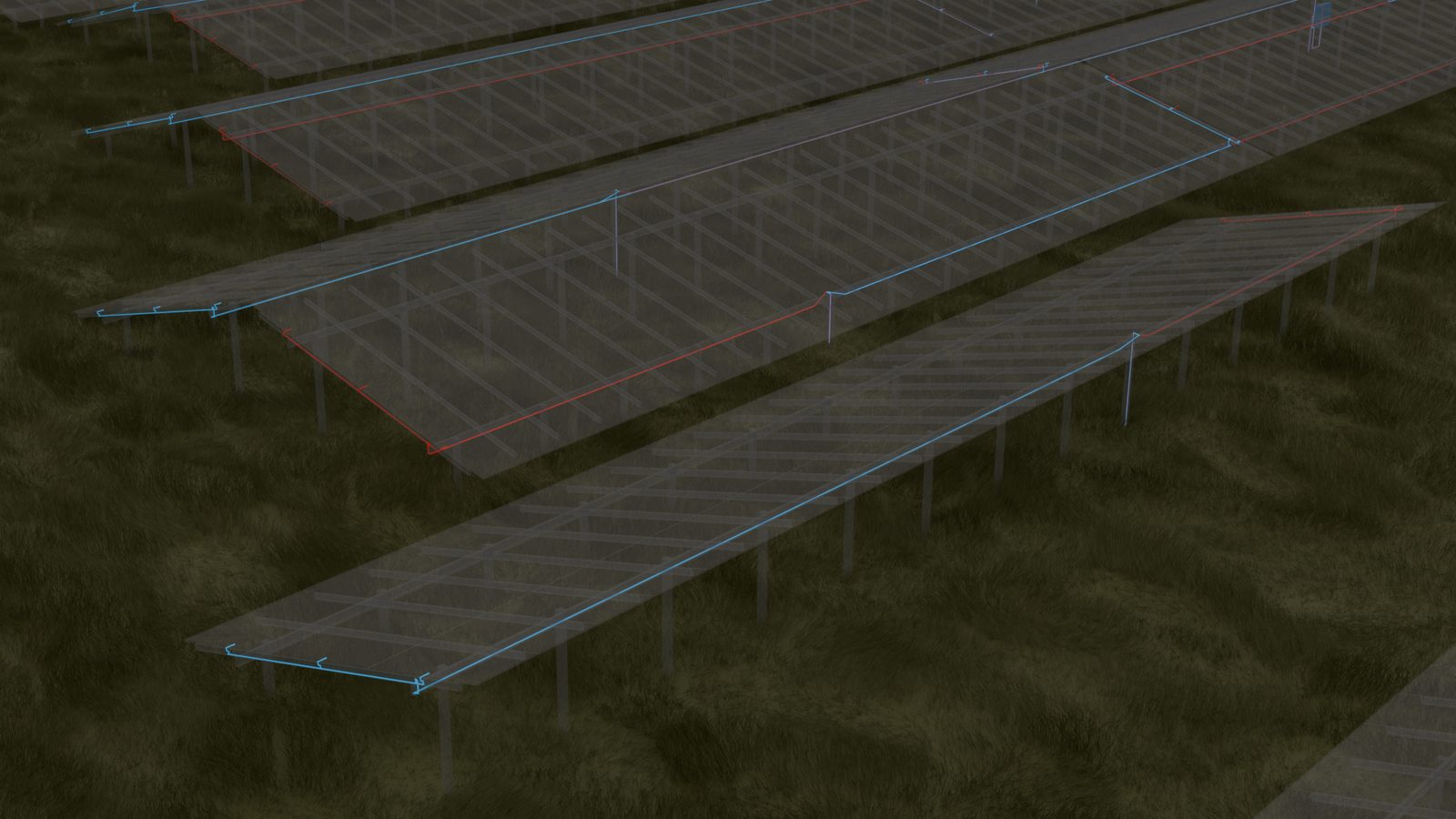 3D-Detailansicht: Kabelführung an den Modultischen
