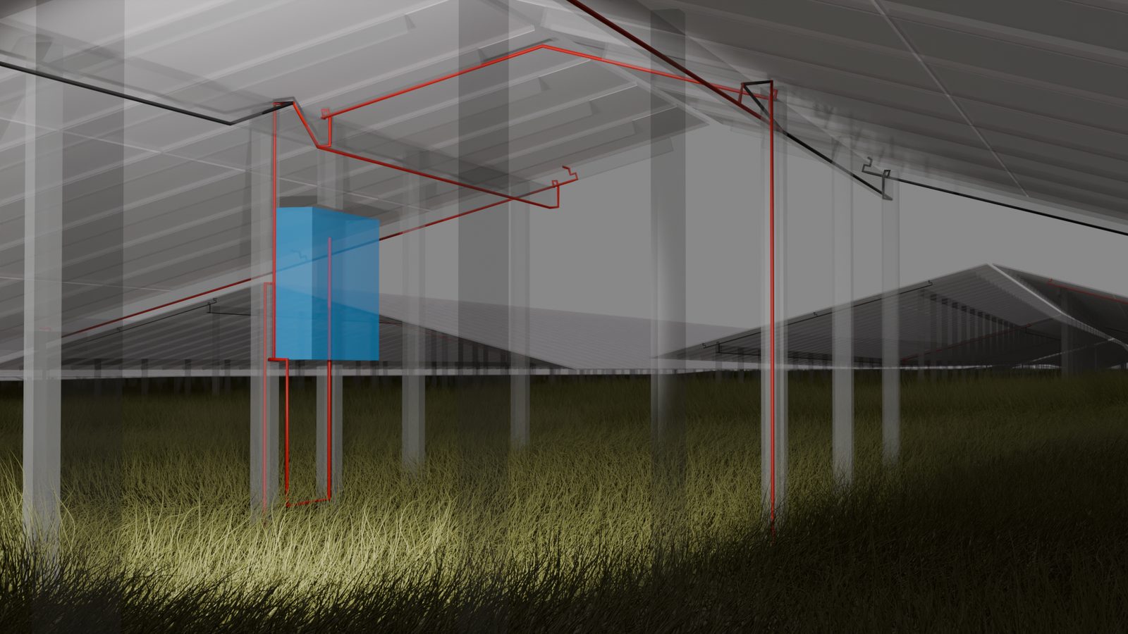 3D-Ansicht unter der Unterkonstruktion mit Kabelrouting und Anschlussbox