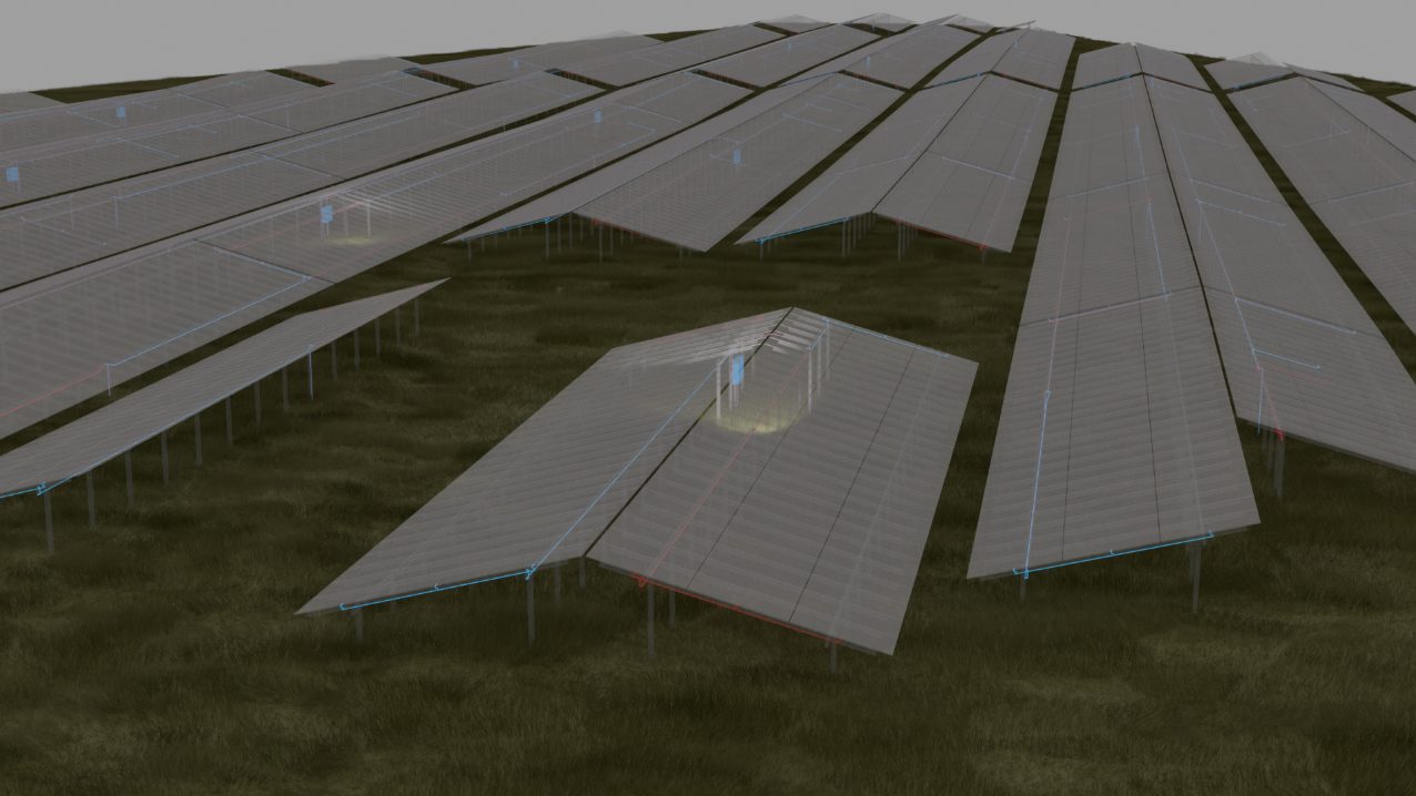 3D-Visualisierung eines PV-Parks mit eingezeichnetem Kabelrouting