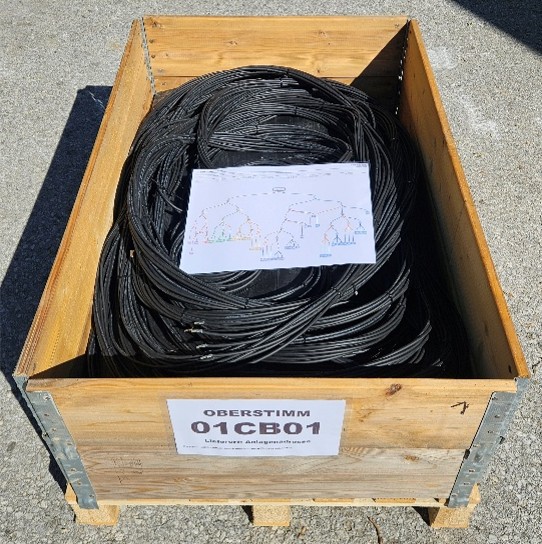 Offene Transportkiste mit Kabelsträngen und Verlegeanleitung